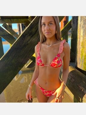 Strawberry Milk Mob Coral & Yellow Floral Bikini Set Ruffle Citrus Swimsuit